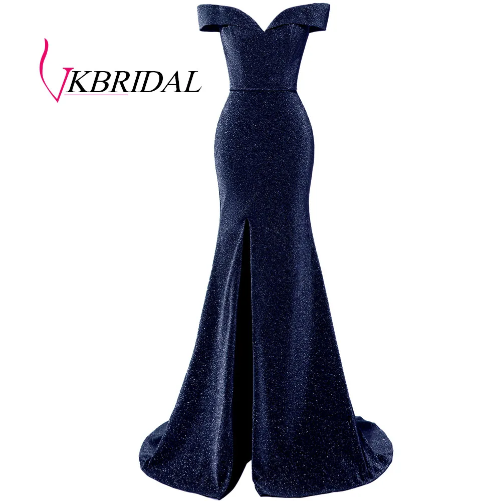 Тёмно-синий VKBRIDAL серое вечернее платье с открытыми плечами сексуальное блестящее платье с разрезом для выпускного вечера - Цвет: Тёмно-синий