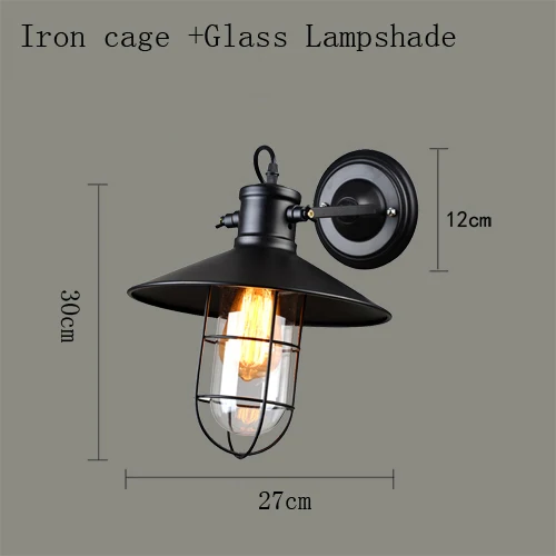 Винтажный настенный светильник с железной клеткой, стеклянный абажур, черный бюстгальтер/гостиная/кофейня, внутреннее освещение E27, светодиодные настенные светильники