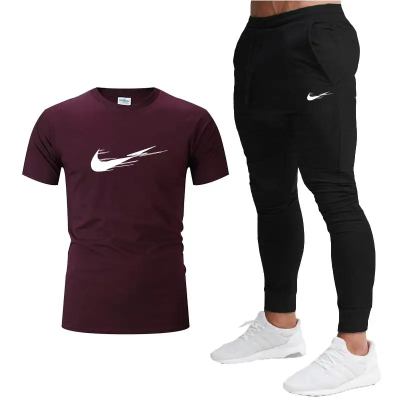 

2021 Summer Fashion Brand Men's Set Tracksuit Sportswear Track Suits Male Sweatsuit Short Sleeves T-shirt + Pants 2 piece sets
