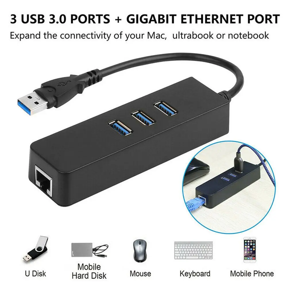 

2021 HOT 3 Ports Usb 3.0 Gigabit Ethernet Lan Rj45 Network Adapter Hub To 1000Mbps Pl Rj45 Network Adapter Hub