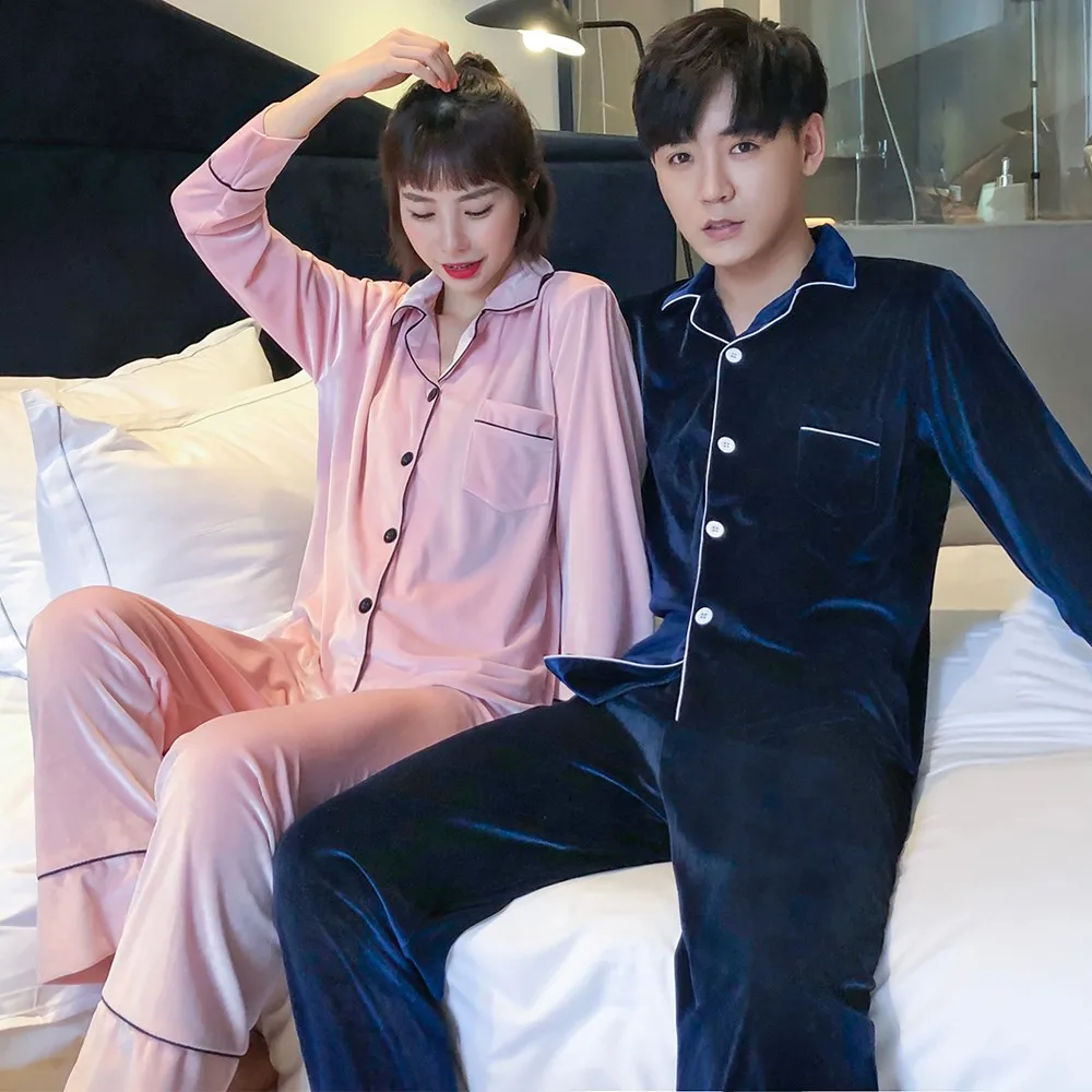 

Plus Size 3XL-5XL Pajamas Set Men Nightgown Velour Sleepwear Autumn New Lovers Pyjamas Shirt&Pants Male Casual Home Clothing
