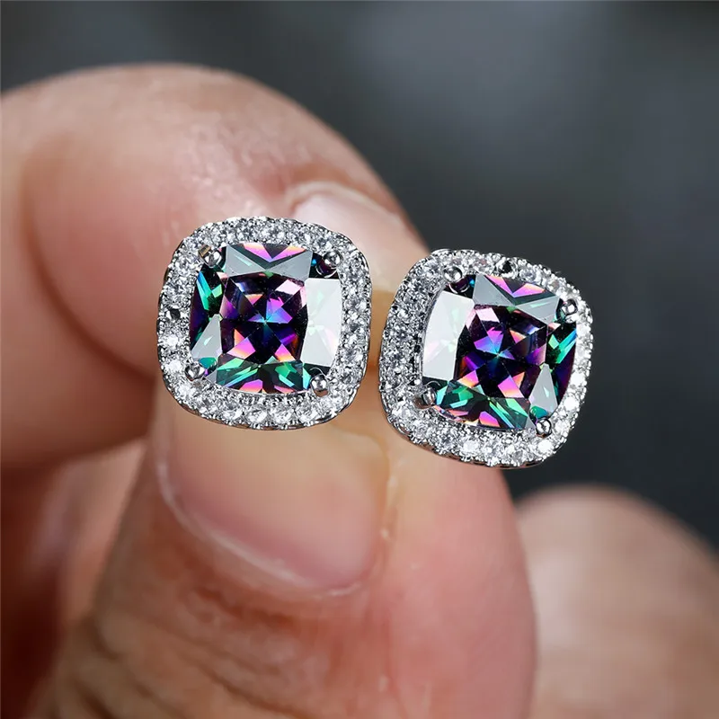 Серьги-гвоздики женские розовое золото серебро с радужным опалом | Украшения и