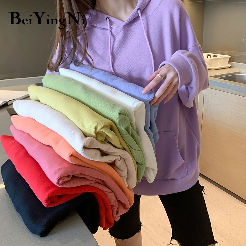

Женская толстовка с капюшоном Beiyingni, повседневные Свободные корейские толстовки с карманами и кулиской на весну и осень, модные толстовки с ...