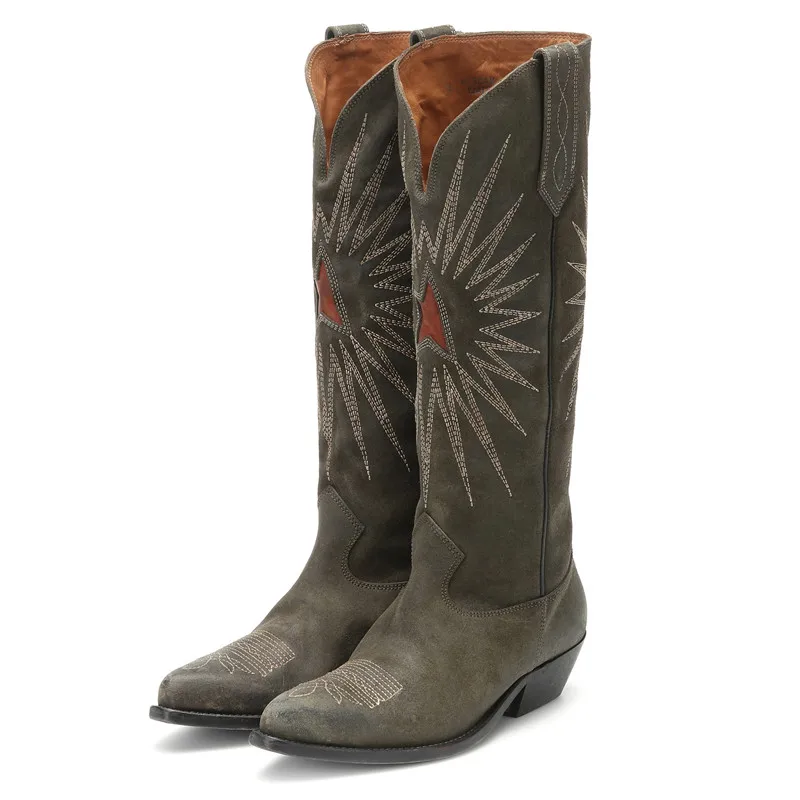 Сапоги с вышивкой; женские сапоги с острым носком, украшенные вышивкой; Bottes; узкие сапоги до середины икры с вышивкой в виде звезд; Botas; коллекция года; сезон осень-зима; Новое поступление; сапоги; Mujer
