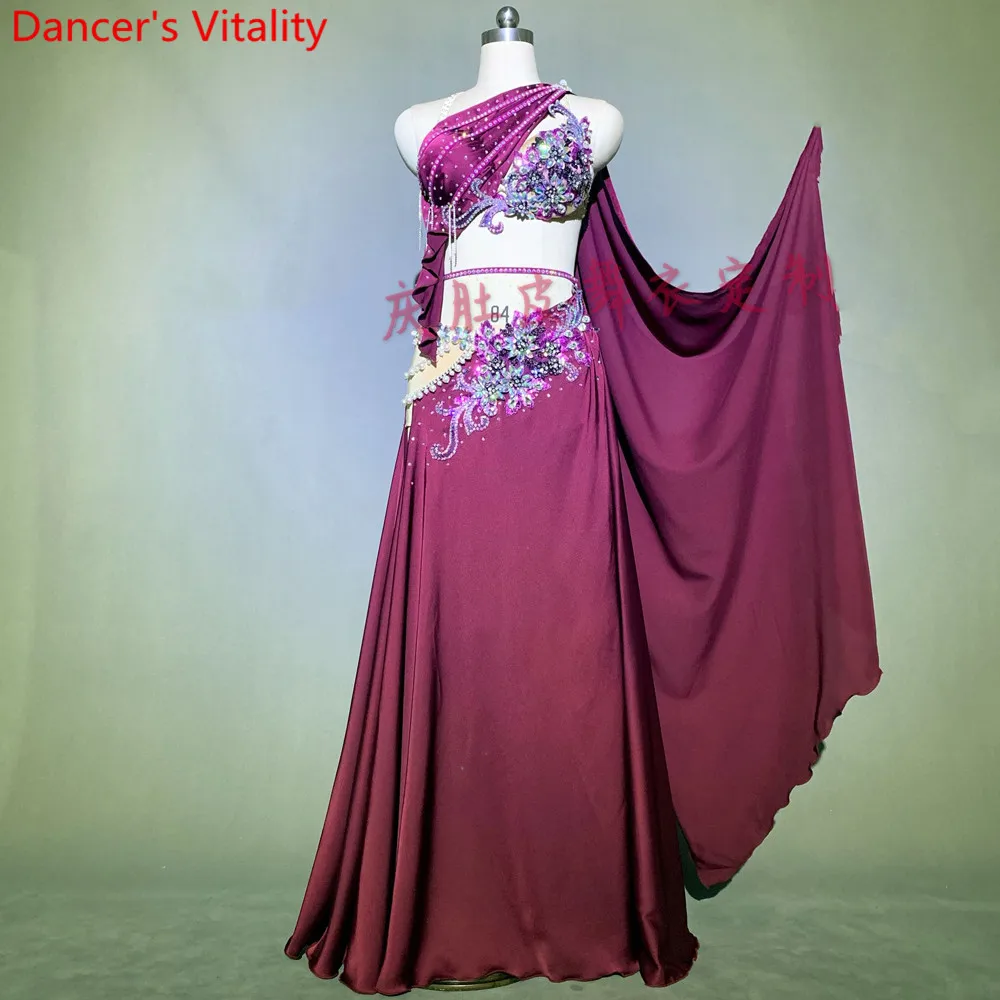 

Women Belly Dance Competition Outfits Customized Slap-up Bra Sexy Split Long Skirt Oriental Indian Drum Dancing Performance Suit