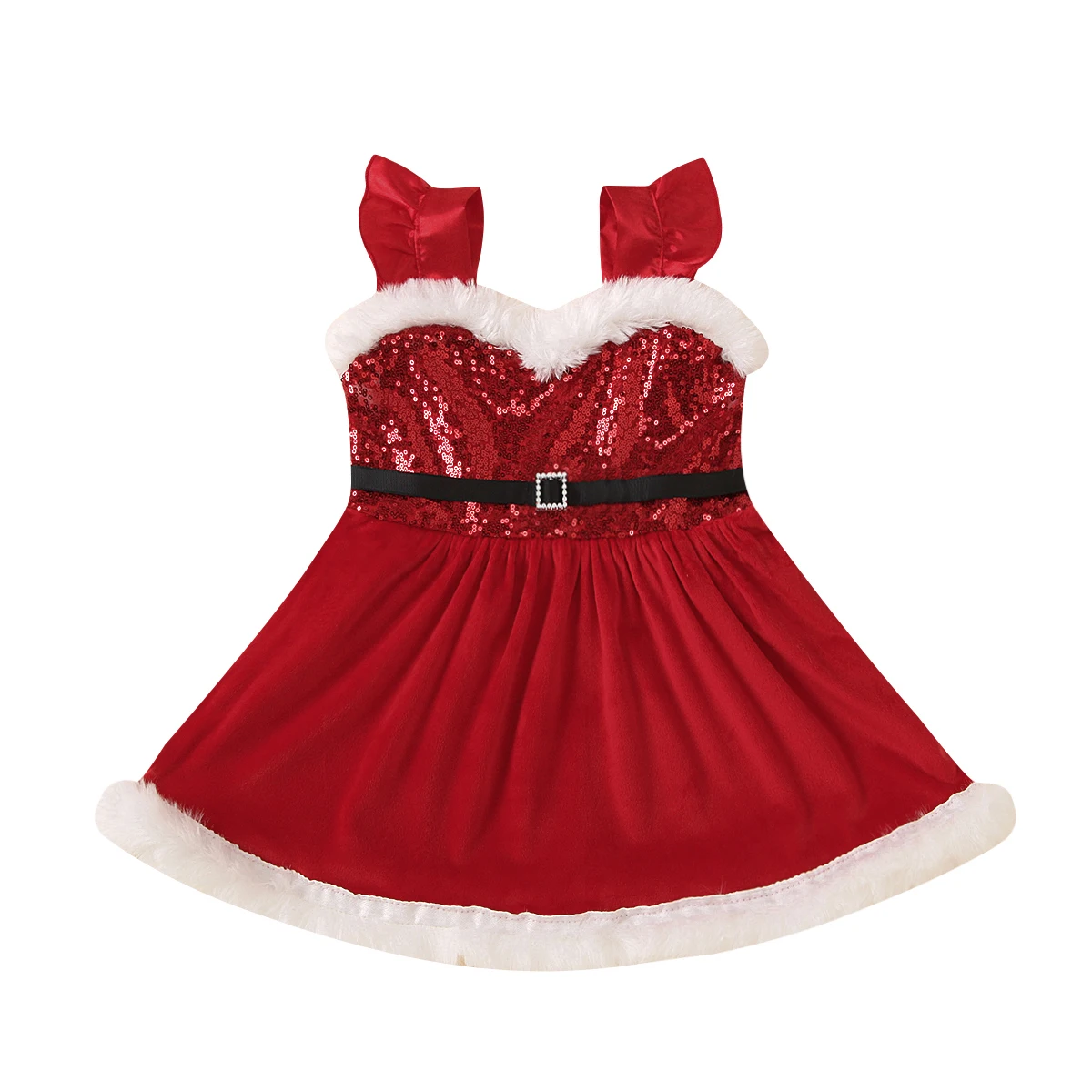 

Infant Baby Girl Christmas Gowns, Show Costume Sequins Braces Sling Dress, Elastic Waist Skirt with Belt Outfit Clothing Set Red