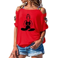 womens short sleeve meditation cartoon silhouettet shirt summer fashion t shirt womens sexy hollow out shoulder shirt