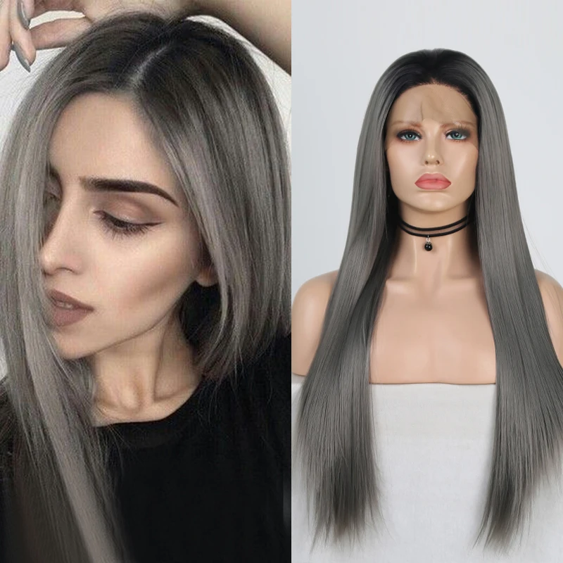 

Charisma Two Tone Grey Synthetic Lace Front Wig Long Silky Straight Ombre Gray Wig For Women Natural Hairline Heat Resistant Wig
