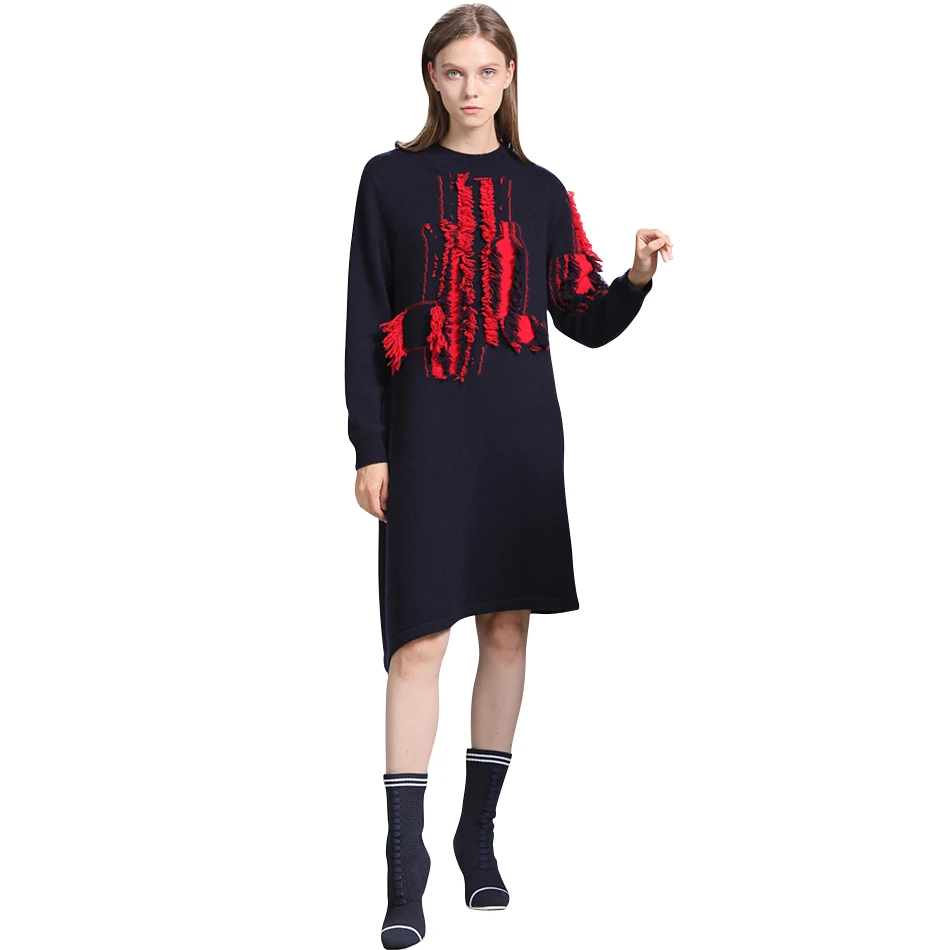 RONGFANGZI Inner Mongolian Cashmere Dress Women Pullover Ribbed Crewneck Cuffs Winter Thick 3 Gauge Knit in SlavaStore