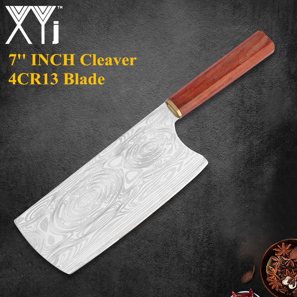 

XYj Chopping Cleaver Knife 7'' INCH Stainless Steel Pattern Blade Wood Handle Machete Filleting Slicing Tool Accessory