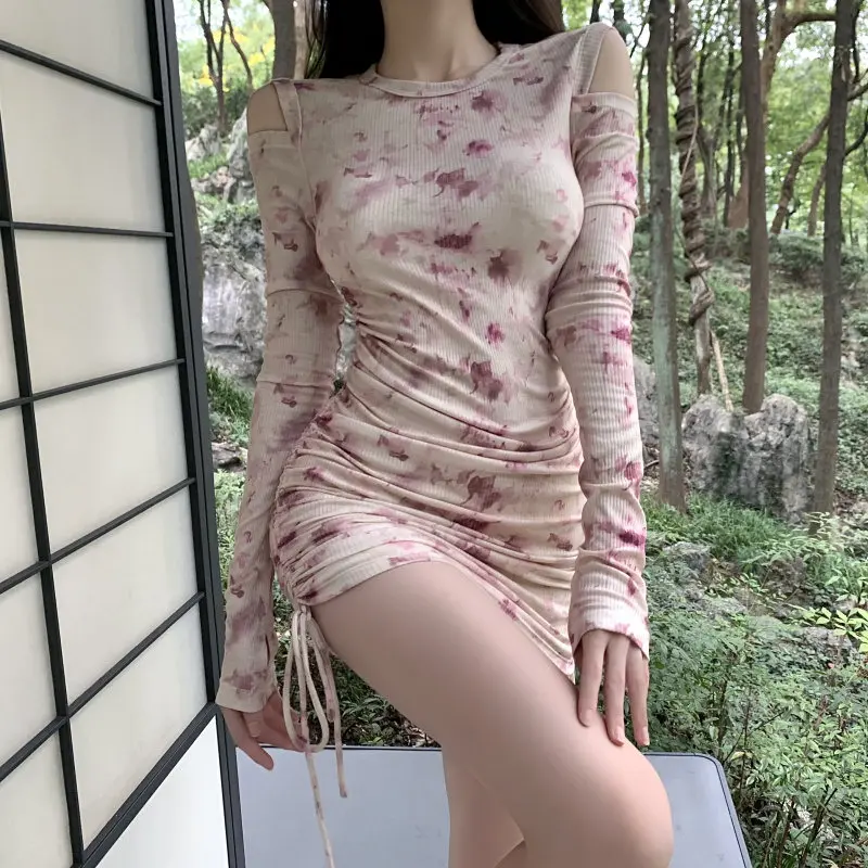 

Real shot 2022 new fashion lady sexy slim round neck hollow long sleeve dress