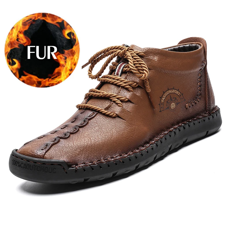 brown men boots Модные мужские зимние ботинки; теплые зимние ботинки из натуральной кожи; дышащая повседневная мужская обувь на меху; кроссовки; большие размеры 48 - Цвет: brown men boots