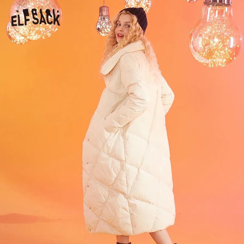 Женский однотонный пуховик ELFSACK черный Свободный Повседневный теплый на одной