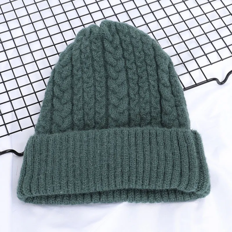 Dark Green Женские шапки, Зимняя шерстяная вязаная шапка, Женская однотонная вязаная шапка, Повседневная шапка, женская мягкая теплая утолщенная шапка с узором - Цвет: Dark Green