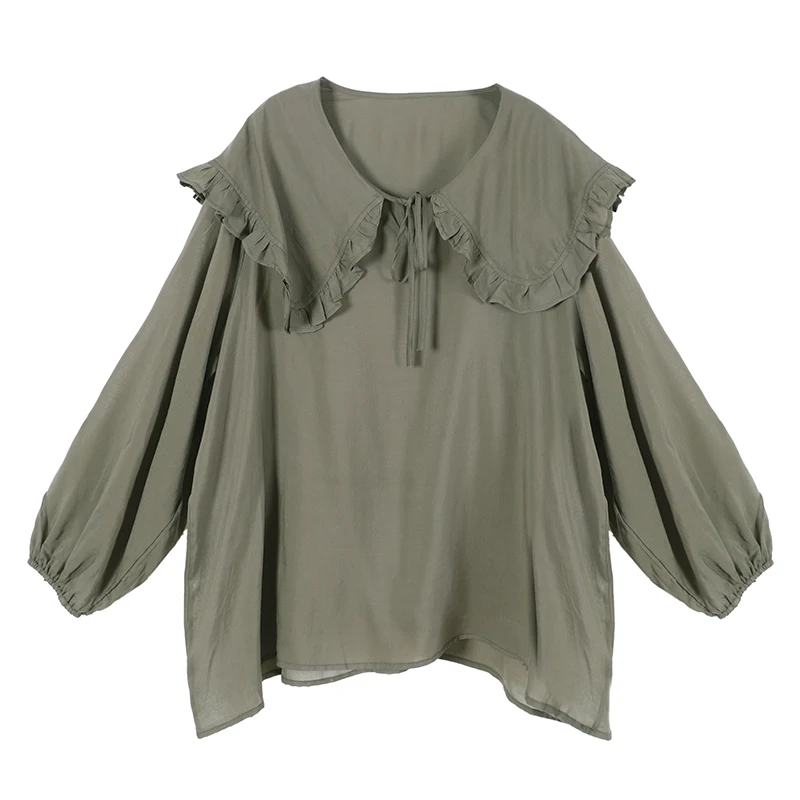 

SuperAen New Summer 2021 Loose Plus Size Peter Pan Collar Shirt Sunscreen Full Solid Women Tops