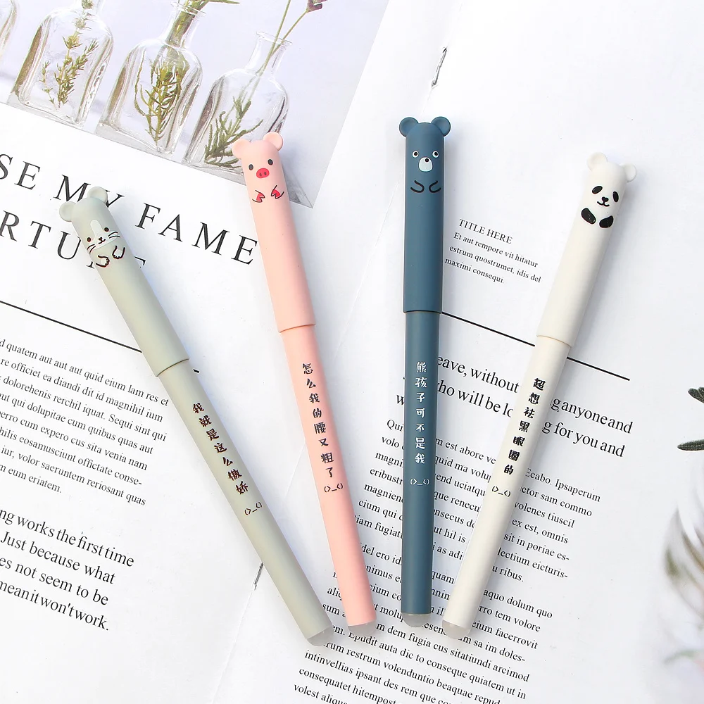 

4 Pcs/lot Cartoon Animals Erasable Pen 0.35mm Cute Panda Pig Kawaii Gel Pens for School Writing Novelty Stationery Girls Gifts