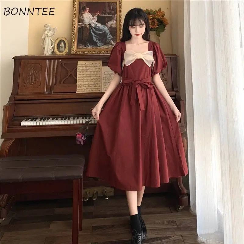 

Платье женское Винтажное с пышными рукавами, элегантный однотонный бордовый мешковатый модный уютный сарафан во французском стиле, до сере...