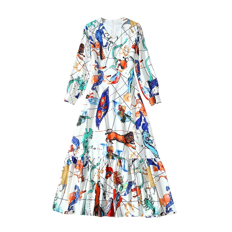 

Women's Runway Dresses Sexy V Neck Long Sleeves Cartoons Printed Ruffles Elegant Casual High Street Dress