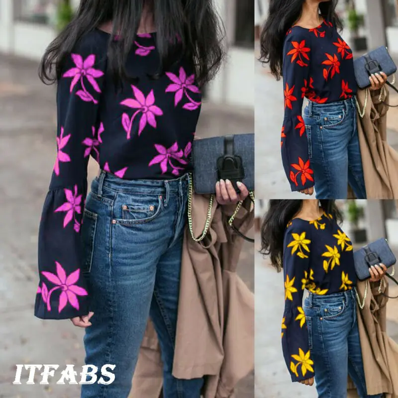 Женская футболка с длинным рукавом круглым вырезом и принтом в виде кленовых