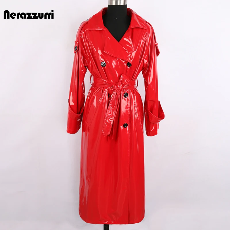 Nerazzurri Autumn Long Red Waterproof Shiny Reflective Patent Leather Trench Coat for Women Double Breasted Plus Size Fashion