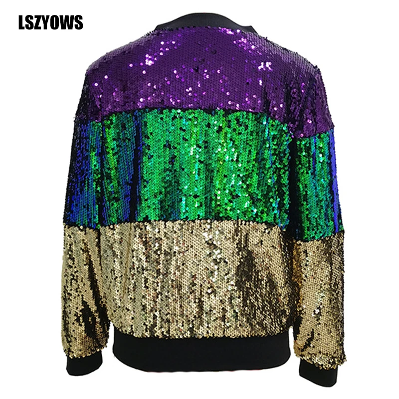 

2021 Spring Women Contrast Color Sequin Jacket Long Sleeve Zipper Female Bomber Jackets Streetwear Casual Glitter Coat Outerwear