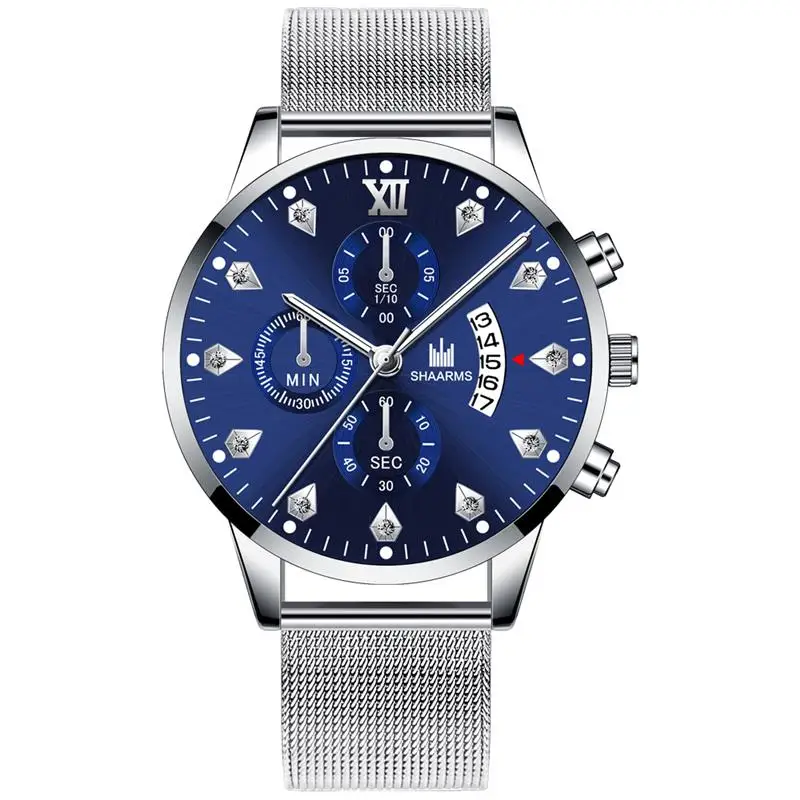 2019 мужские часы роскошные черные с сетчатым ремешком кварцевые из нержавеющей