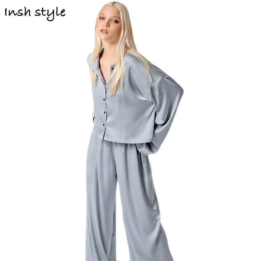 

Long Sleeve Satin Solid ColorWomen's Pajamas Casual Pants Set RoomWear