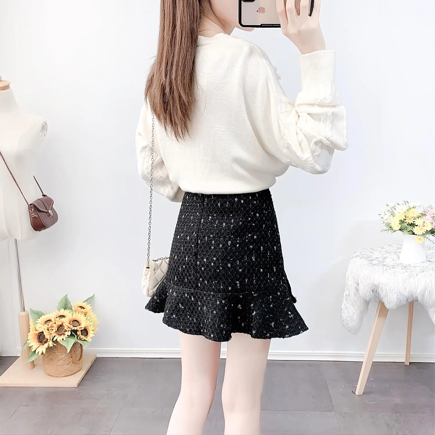 

Sweet Three-Dimensional Flowers Sweater Tweed Skirts Two Pcs Clothing Set Women Leisure Suits Knitwear Top Outfit Girl Vestido