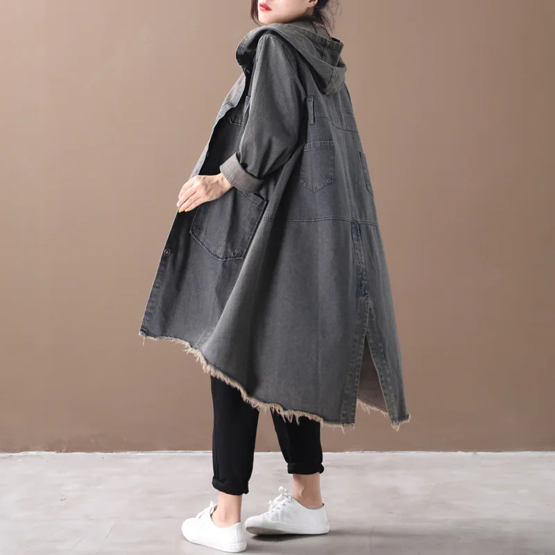 Женский Тренч Осень Зима Большой размер Свободная джинсовая куртка 2019 Новый