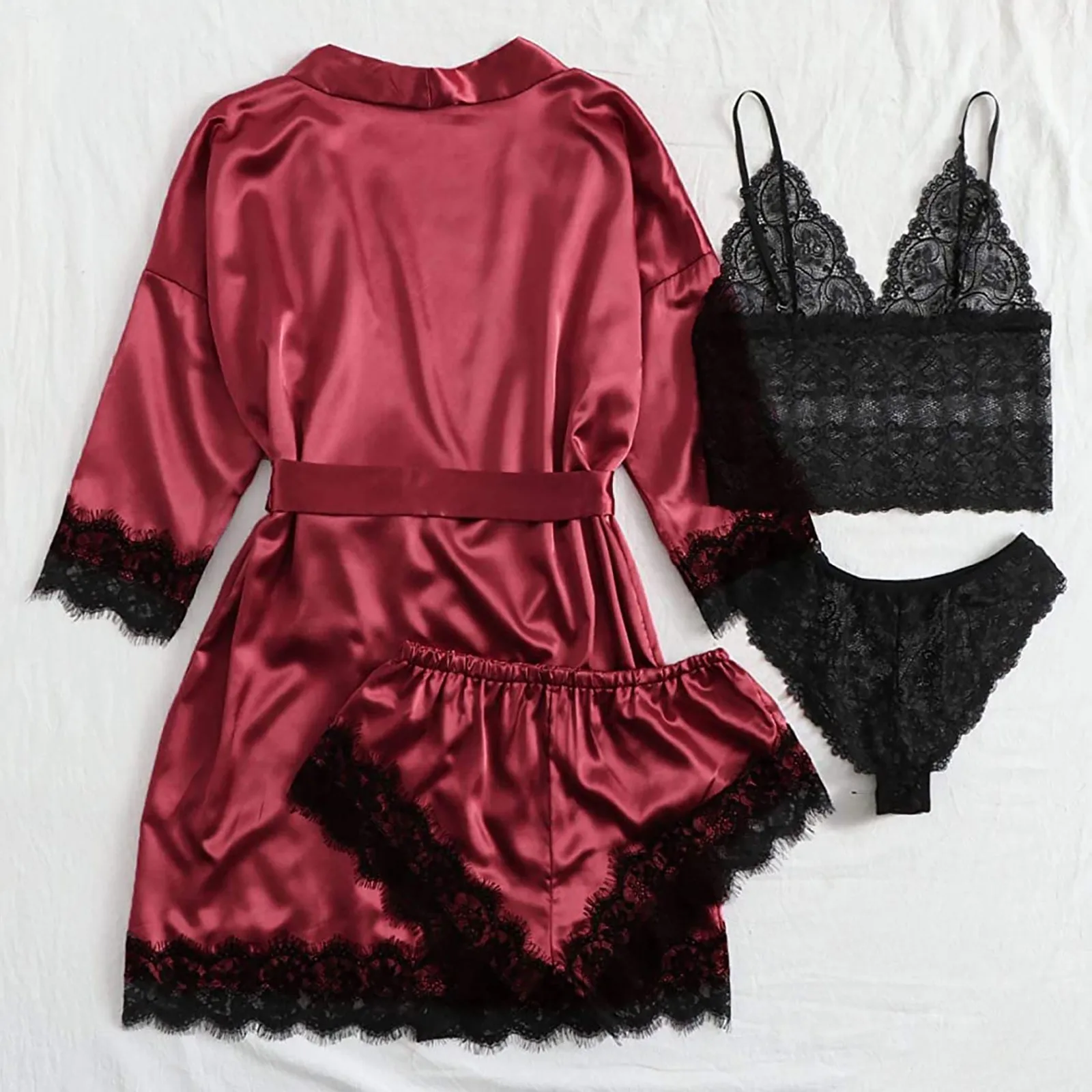 

4-Piece Women's underwear Sexy Garter Lingerie Set Robes Lace Bodysuit Deep-V Neck Pajamas Underwear 2021 нижнее беле женское