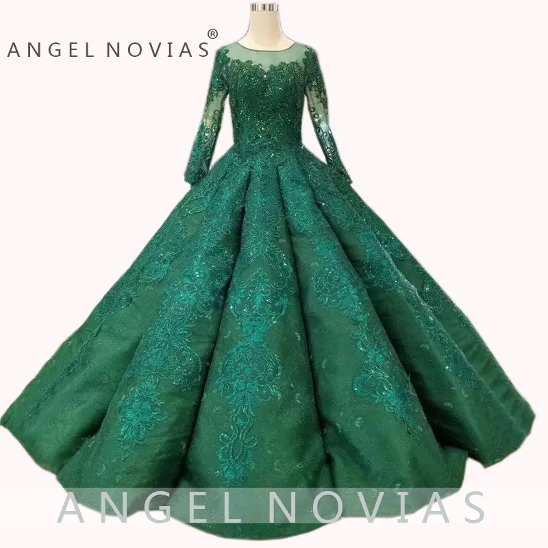 

ANGEL NOVIAS Long Sleeves Green Muslim Plus Size Ball Gown Puffy Bridal Gown Lace Up Wedding Dress 2019