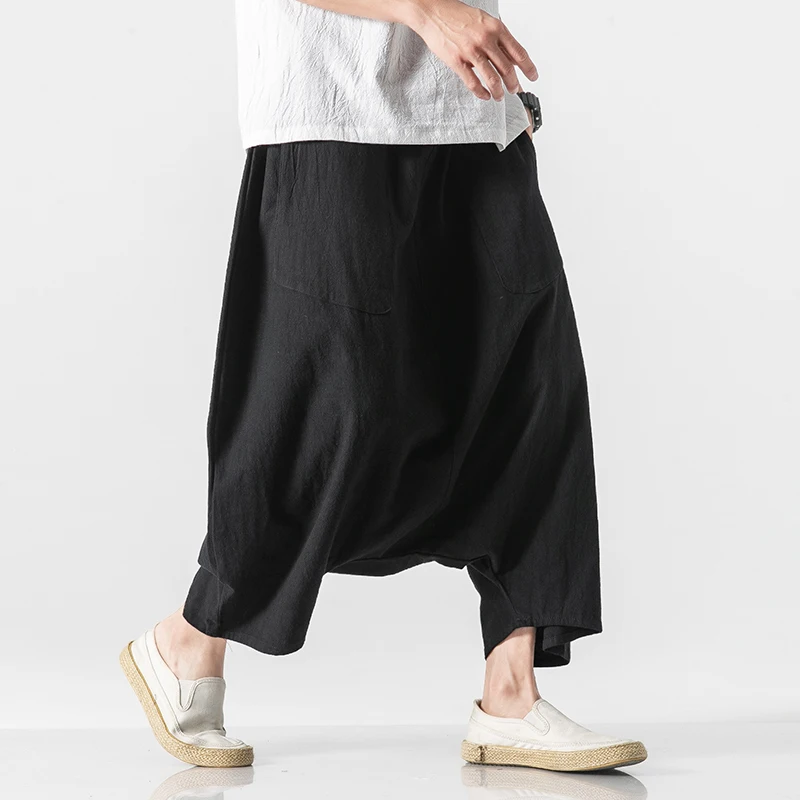 

2021Men Pants Men's Wide Crotch Harem Pants Cotton Linen Loose Large Cropped Trousers Wide-legged Bloomers Korean Style Baggy