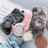 luxury rabbit fur with mirror case for iphone 6 7 8 x xs xr 11 pro max 6s plus cover bling diamond winter soft furry shell plush