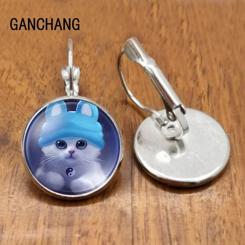 silver-9 Стеклянные черные и белые серьги с двумя котами женские модные серьги, индивидуальный заказ / новые ювелирные изделия серебро/бронза - Окраска металла: silver-9