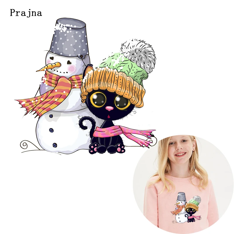 DIY зимний Снеговик теплопередача Черный кот для одежды олень печатные наклейки