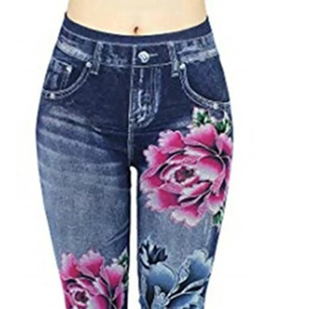 

Women's Jean-like Hollow-out Printed High-waist Elastic Seven-cent Pants Printed Tight Trousers Female Jeans Like Plus Size PF3M