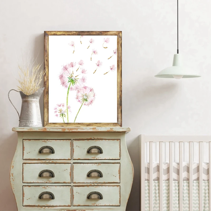 

Blowing Dandelion Print Pink Watercolor Art Canvas Painting Picture Baby Girls Gift Nordic Poster Prints Nursery Wall Art Decor