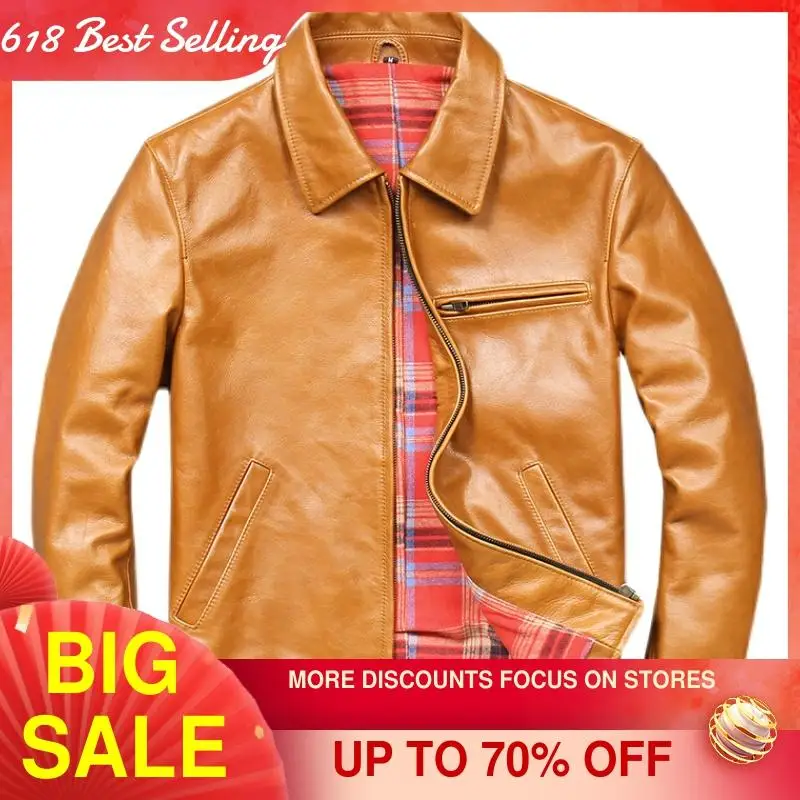

2021 Brown Japan Casual Style Genuine Leather Jacket Men Large Size 4XL Real Natural Cowhide Spring Slim Fit Young Male Coat