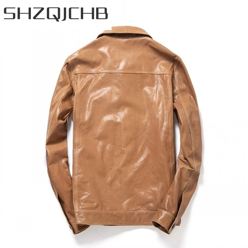 

JCHB 2021 Vintage Brand Real Leather Jacket Men Autumn Sheepskin Motorcycle Biker Jacket Long Sleeve Slim Casual Outerwear Plus