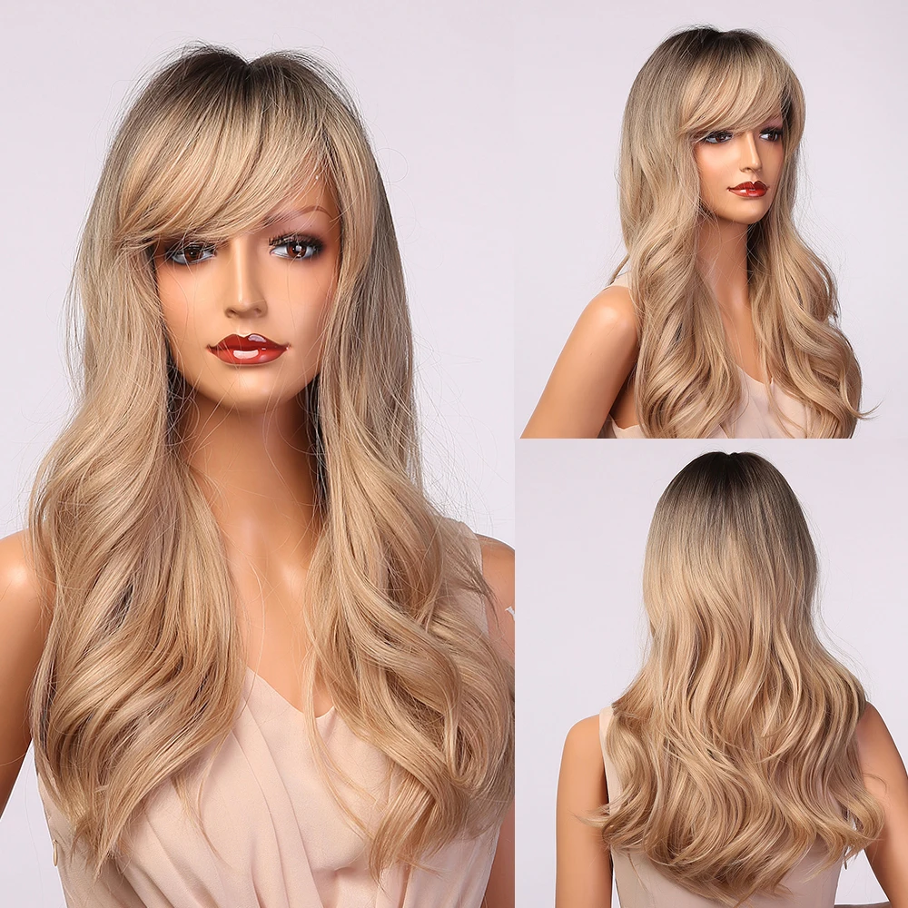 Sintéticas com Franja Peruca para as Mulheres Resistente ao Calor Perucas de Cabelo Henry Margu Longo Ondulado Preto Marrom Ombre Perucas Cosplay Festa Lolita 4 High Quality Apliques e perucas