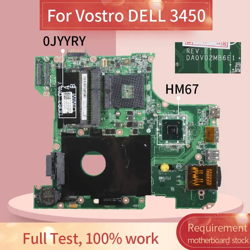 Placa-mãe do Portátil para Vostro Cn-0jyyry Jyyry Dell Notebook Mainboard Da0v02mb6e1 Hm67 0 3450