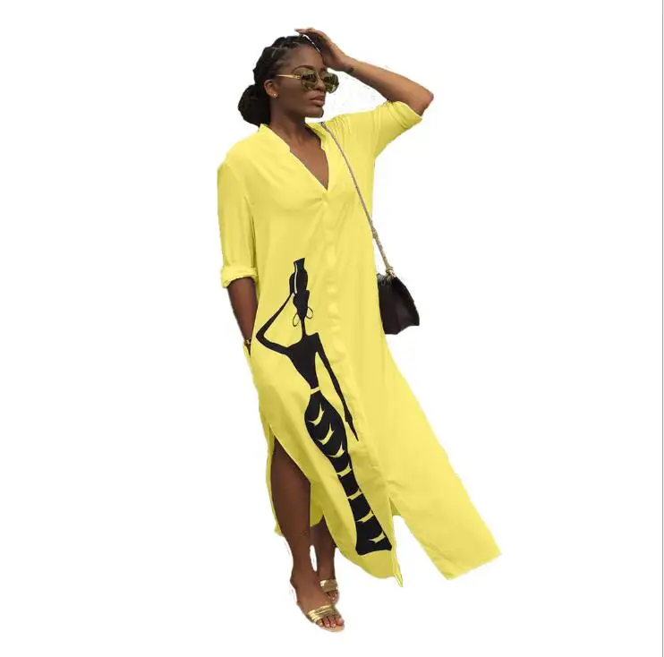 

1L042 Summer Autumn Women Dress Sexy Party Dresses Vestidos Plus Size Long Sleeve Africa Print Maxi Long Shirt Dress