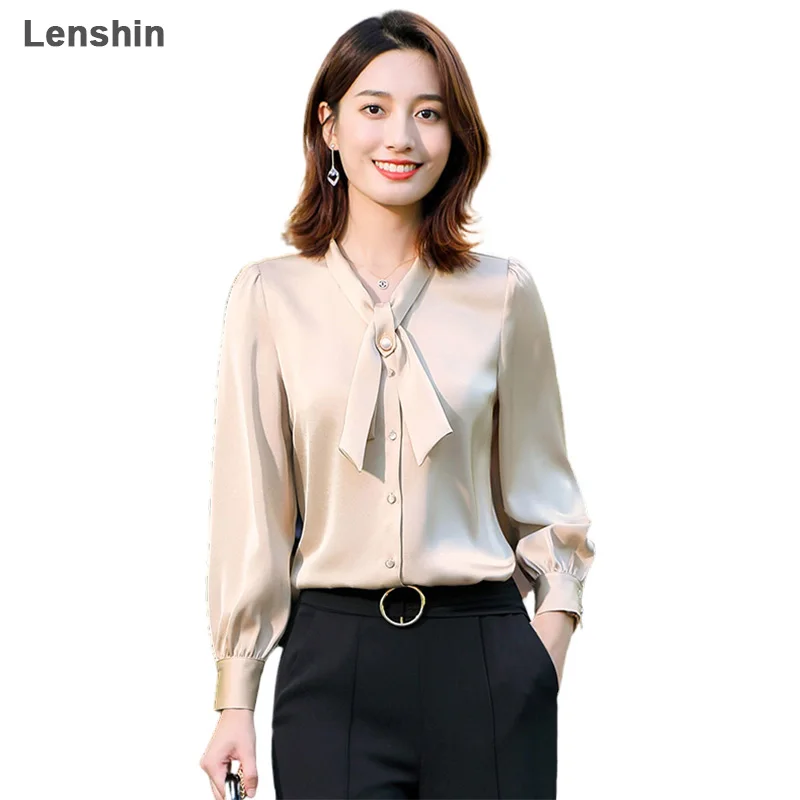 Lenshin Loose High-quality Tie Shirt Breathable Soft Turn-down Collar Blouse Women Female Wear Casual Style Office Lady Tops