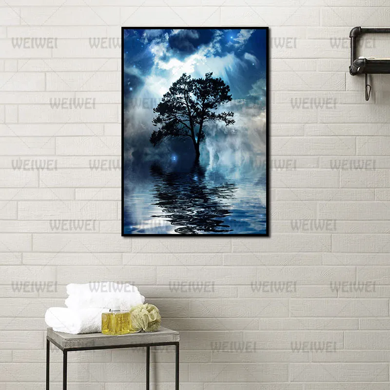 

Modern Style Murals Blue Lake Sky Tree Frameles Poster Home Residential Bedroom Decoration Living Room Canvas Painting