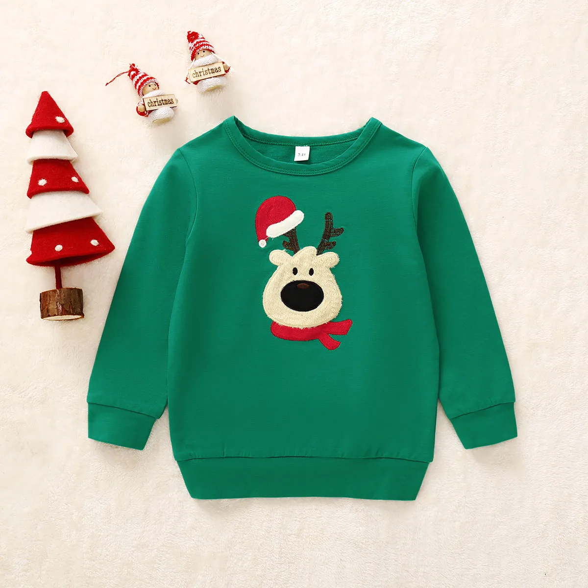 Christmas Clothes Mom Dad Kids Green deer head Long Sleeve Pullover Sweatshirt Jumper Family Matching Warm Autumn Casual Tops