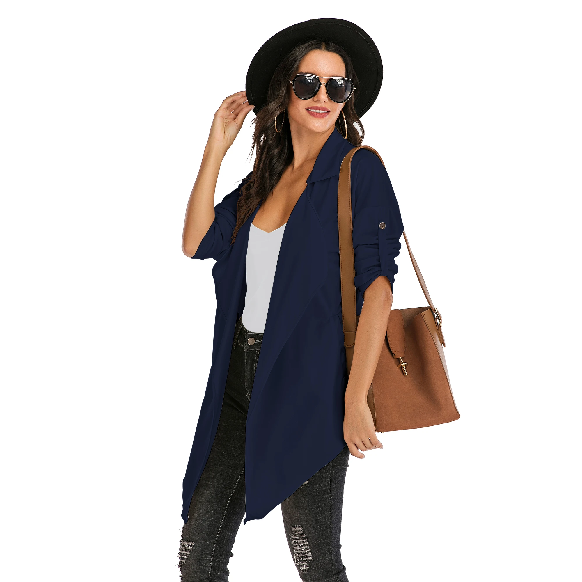 

Nice fall/winter Pop women's solid color lapel pocket thin windbreaker jacket women