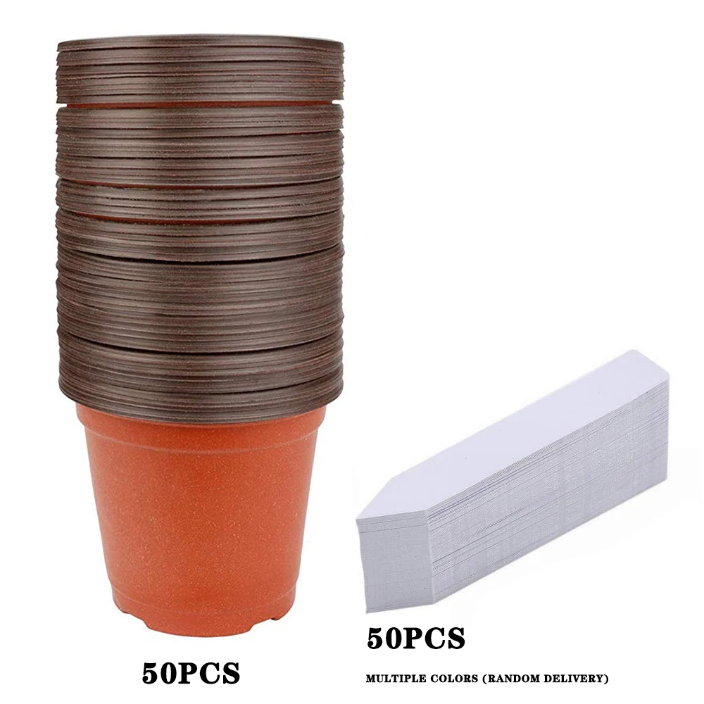 Basin and label 50 шт. " пластиковые горшки для растений, саженцы, дополнительные 50 шт. наклейки для садоводства, контейнер для растений, пусковые горшки - Цвет: Basin and label