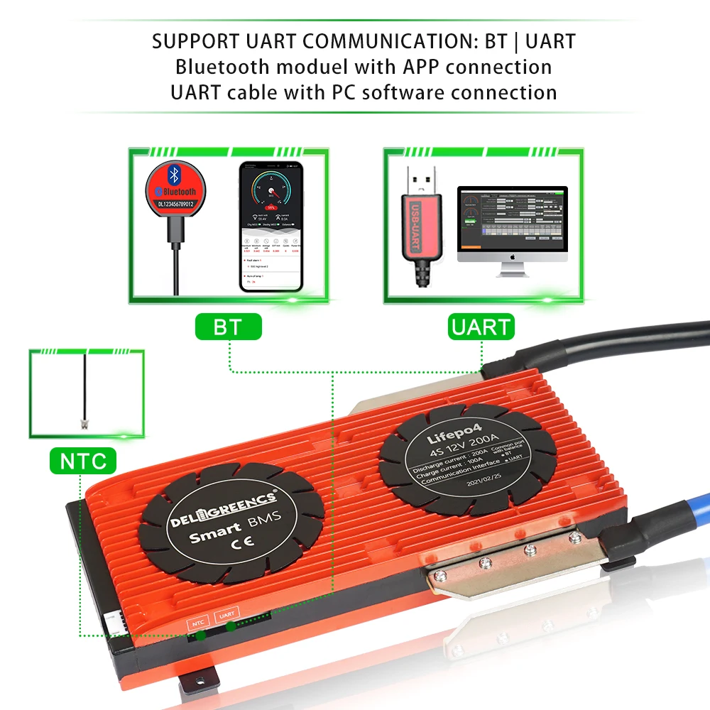 Умные BMS 4S 200A 250 12В LifePO4 с Bluetooth APP UART для 12 в литиевых батарей хранилище энергии