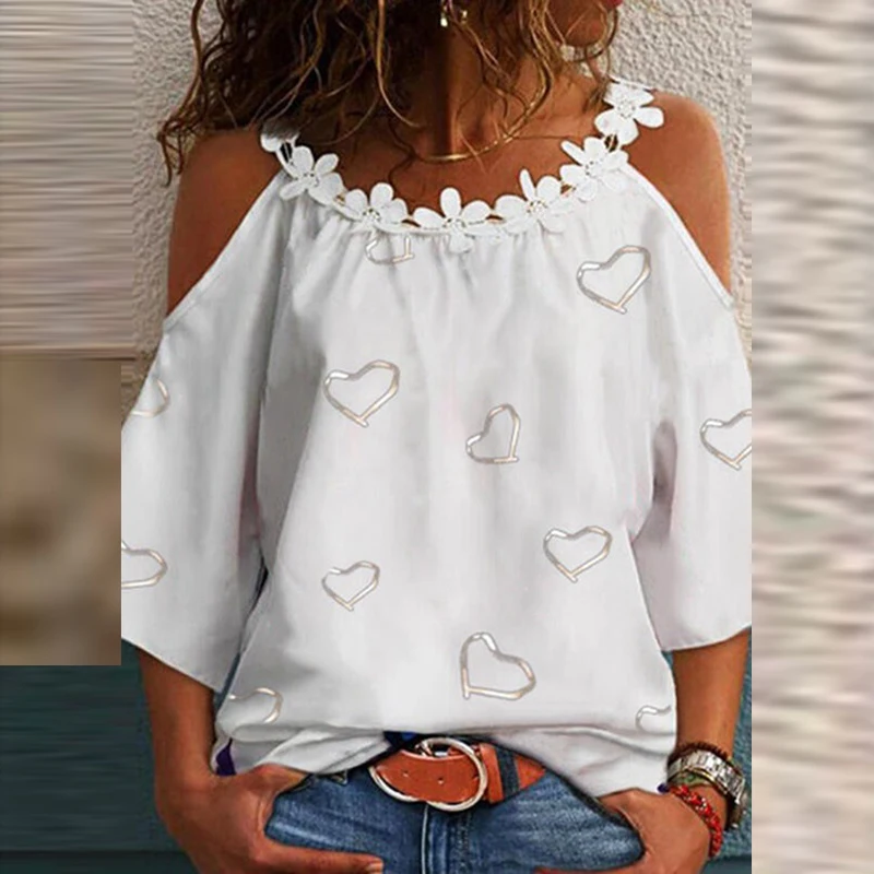 

Summer Fashion Off Shoulder Women Blouses Sexy Heart Printed Hollow Out Half Sleeve Tops Elegant O Neck Flower Shirts Blusas 3XL