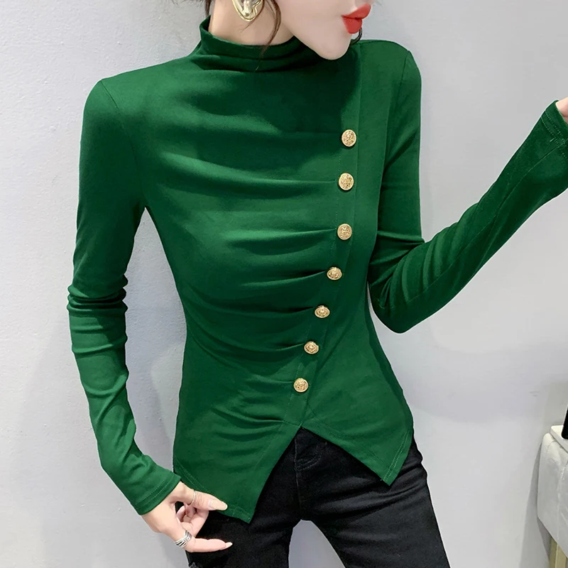 

Fall Winter Korean Clothes Lady Slim T-Shirt Chic Turtleneck Drape Irregularity Button Women Tops All Match Tee
